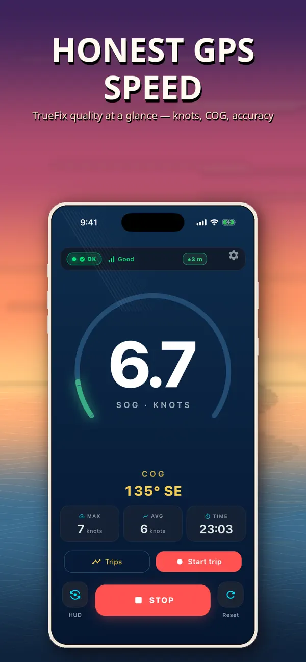 GPS boat speedometer showing speed over ground, course and signal accuracy