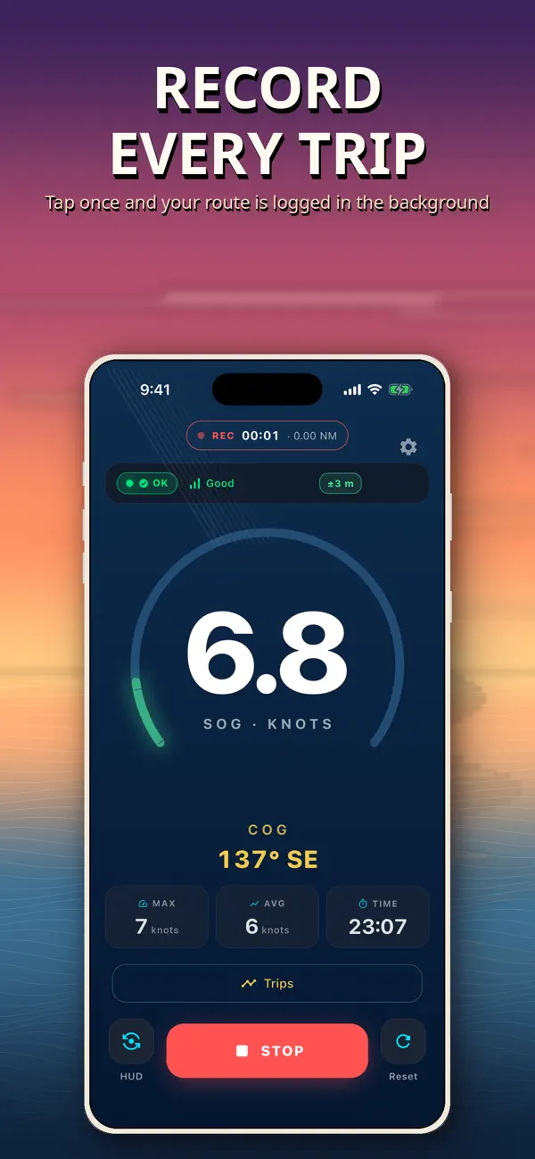 Active trip recording with GPS speed, distance and elapsed time