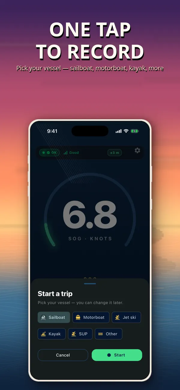 Start screen for choosing boat speed and anchor-watch tools