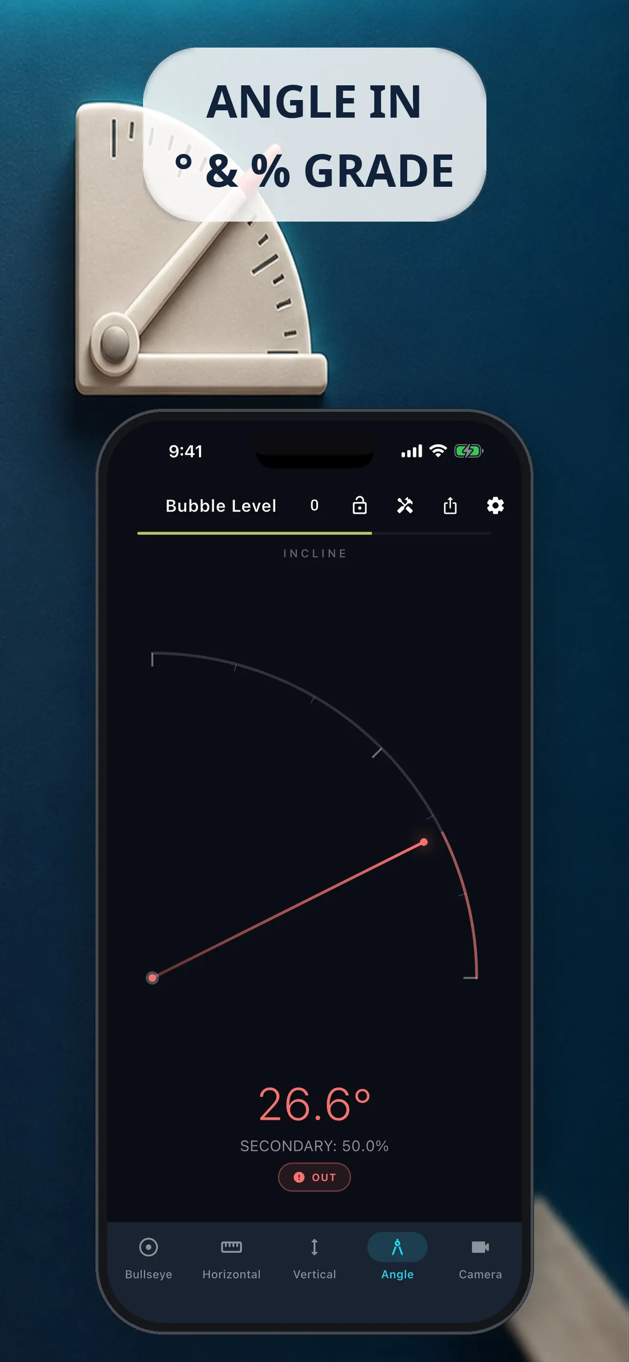 Inclinometer showing an angle measurement in degrees and slope units