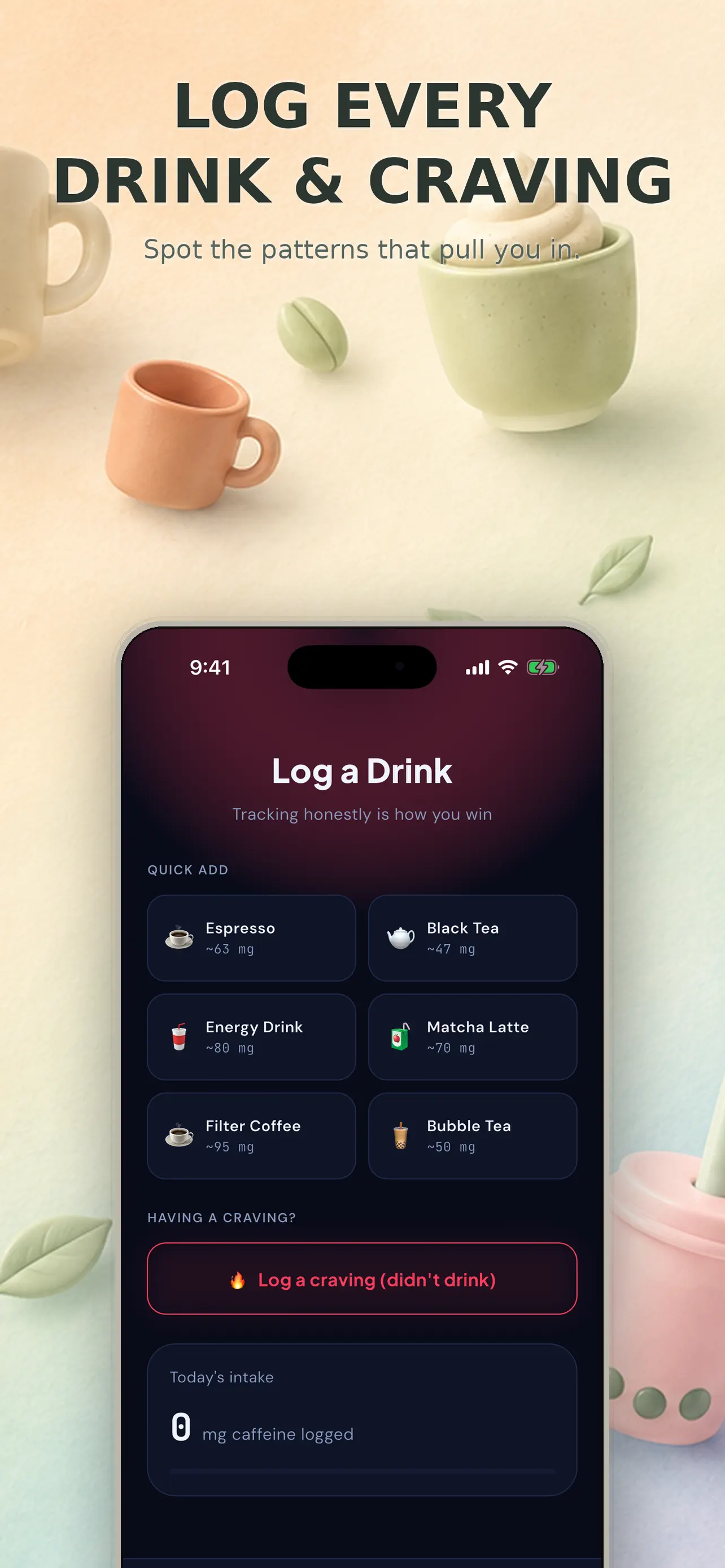 Daily log for recording past caffeine habits and a quit date