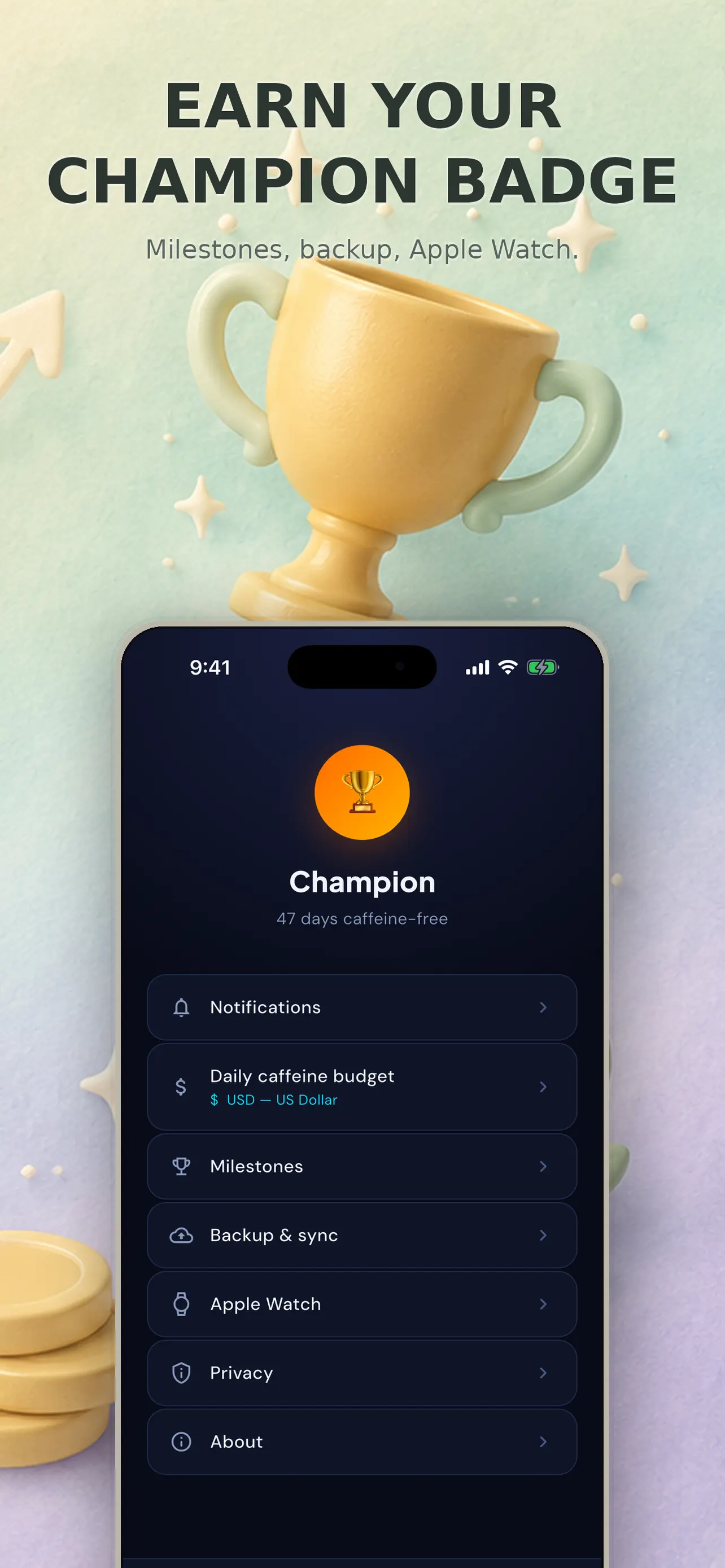 Personal profile with quit goals and caffeine tracking details