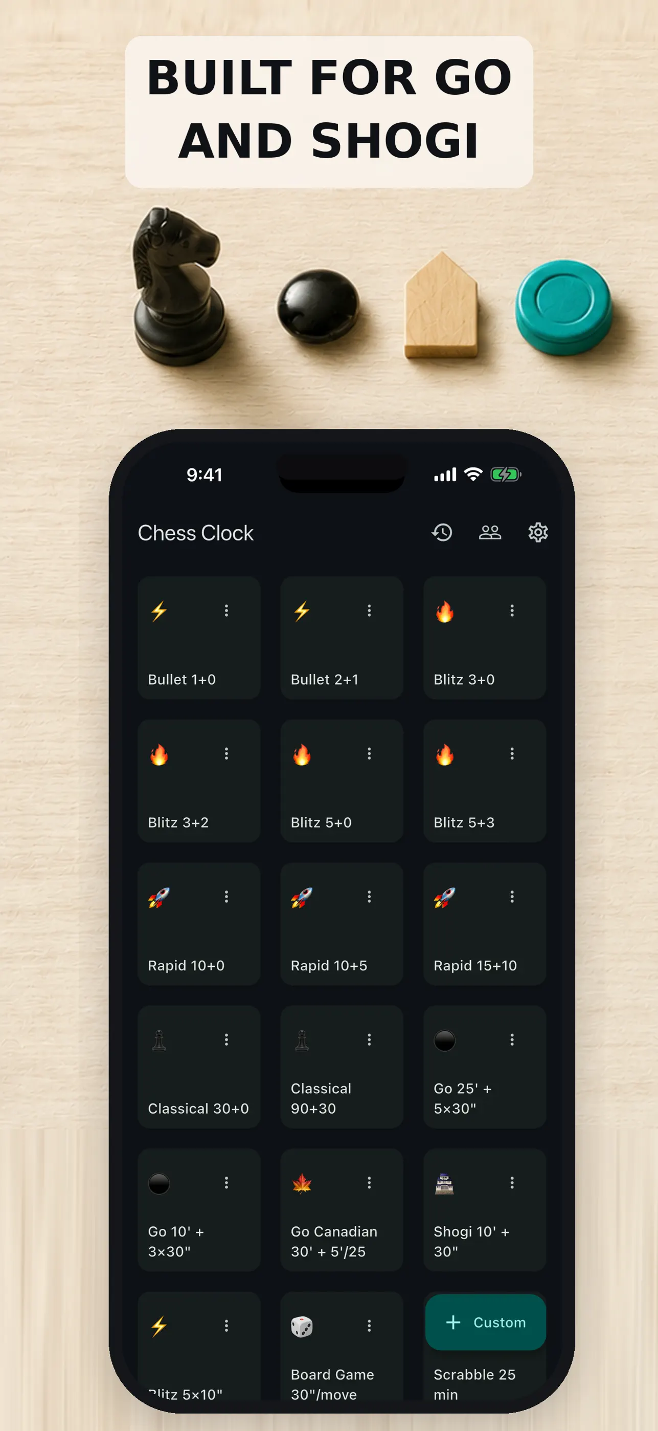 Chess clock screen for selecting a time preset
