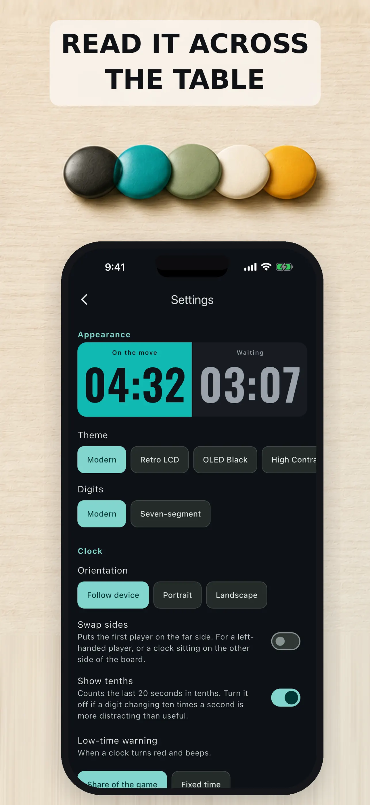 Active chess timer with the two player panels