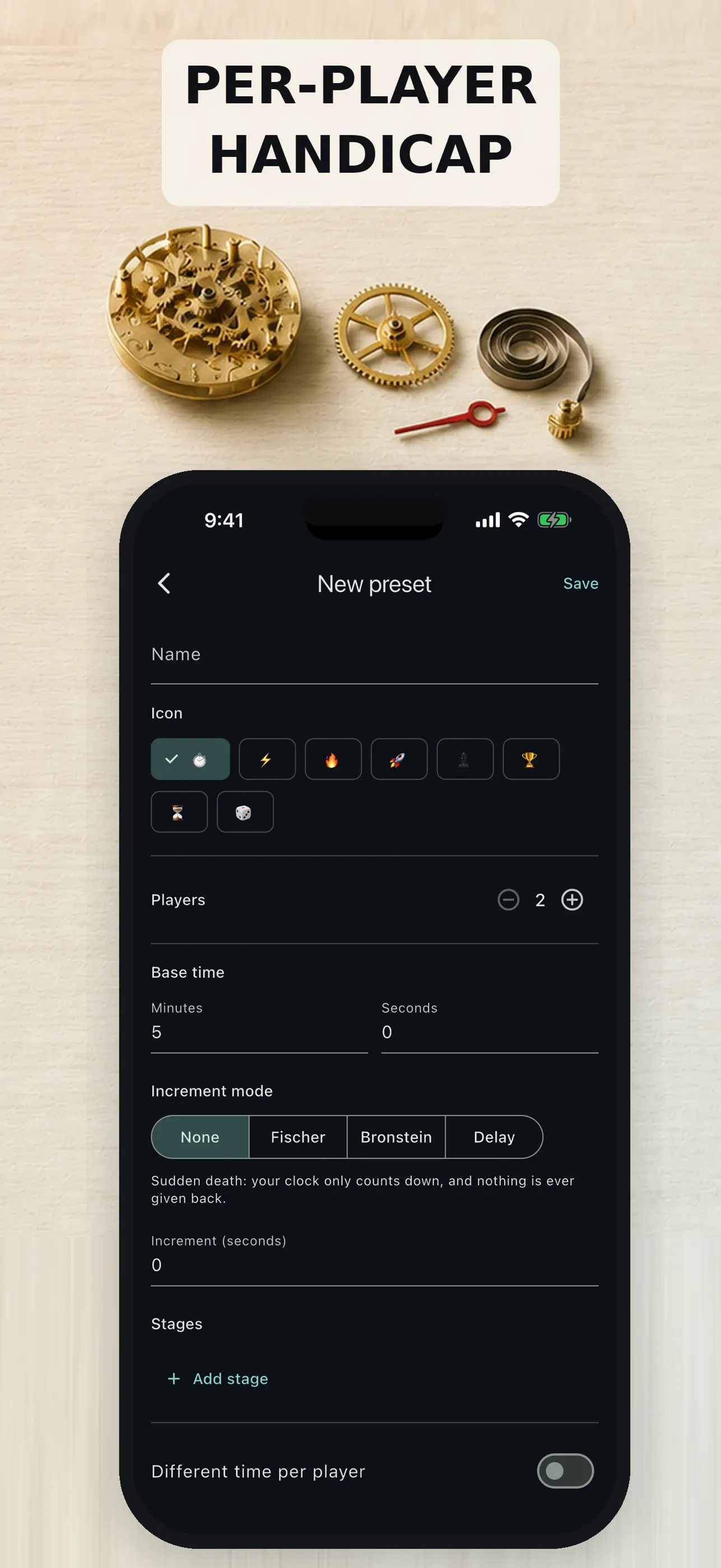 Chess clock settings for configuring a game