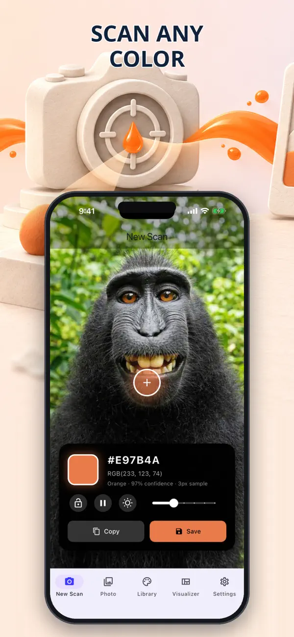 Camera view sampling a color from a surface, showing the HEX value and confidence meter