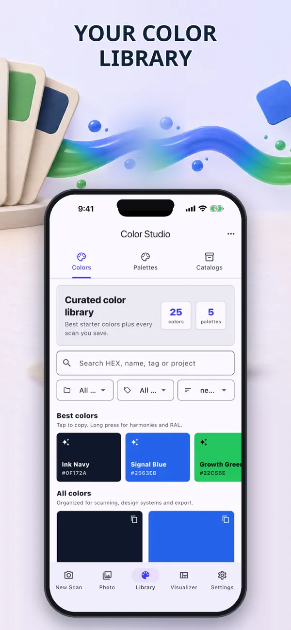 Saved color library with HEX codes, searchable by name and tag