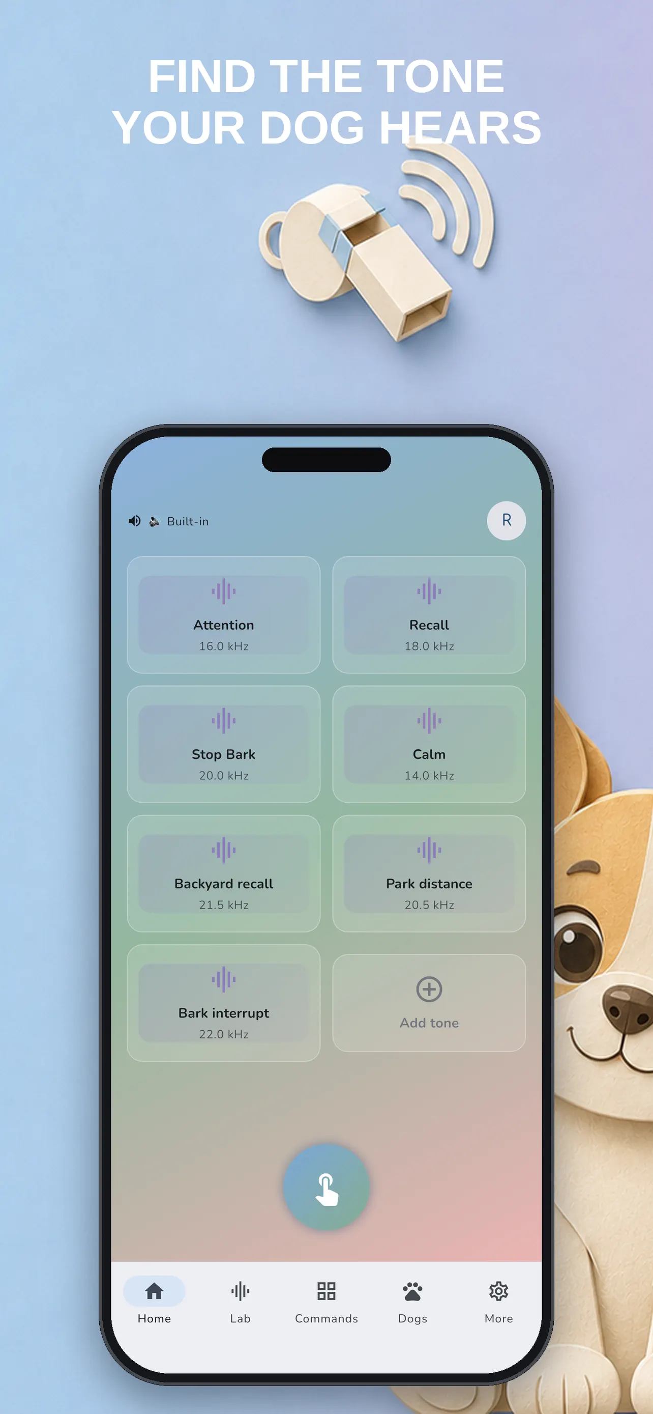 Training dashboard with dog whistle and clicker controls