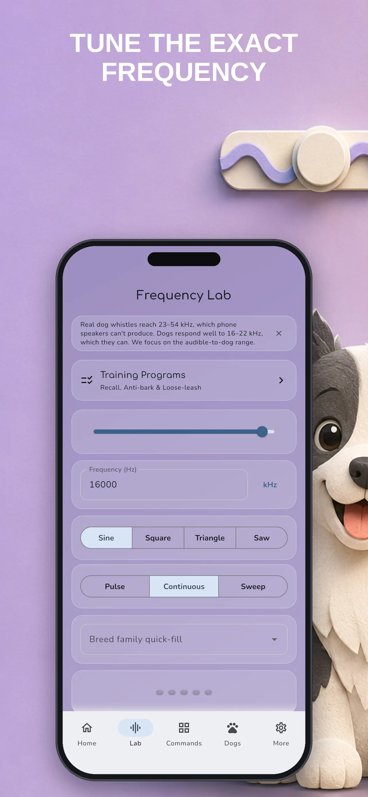 Whistle laboratory for choosing a dog’s training frequency