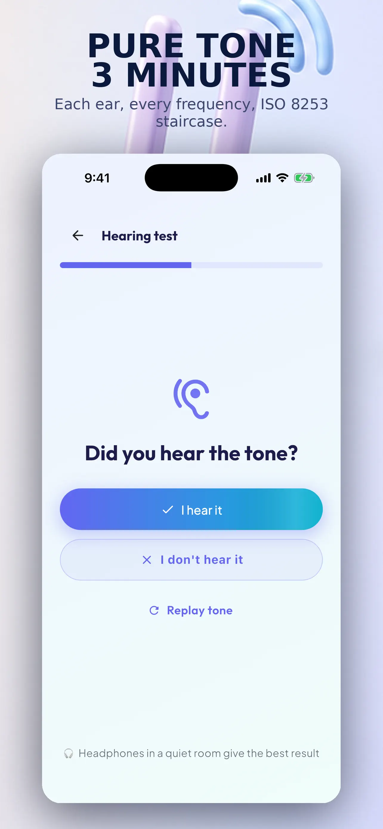 Tone test screen for responding when a sound is heard