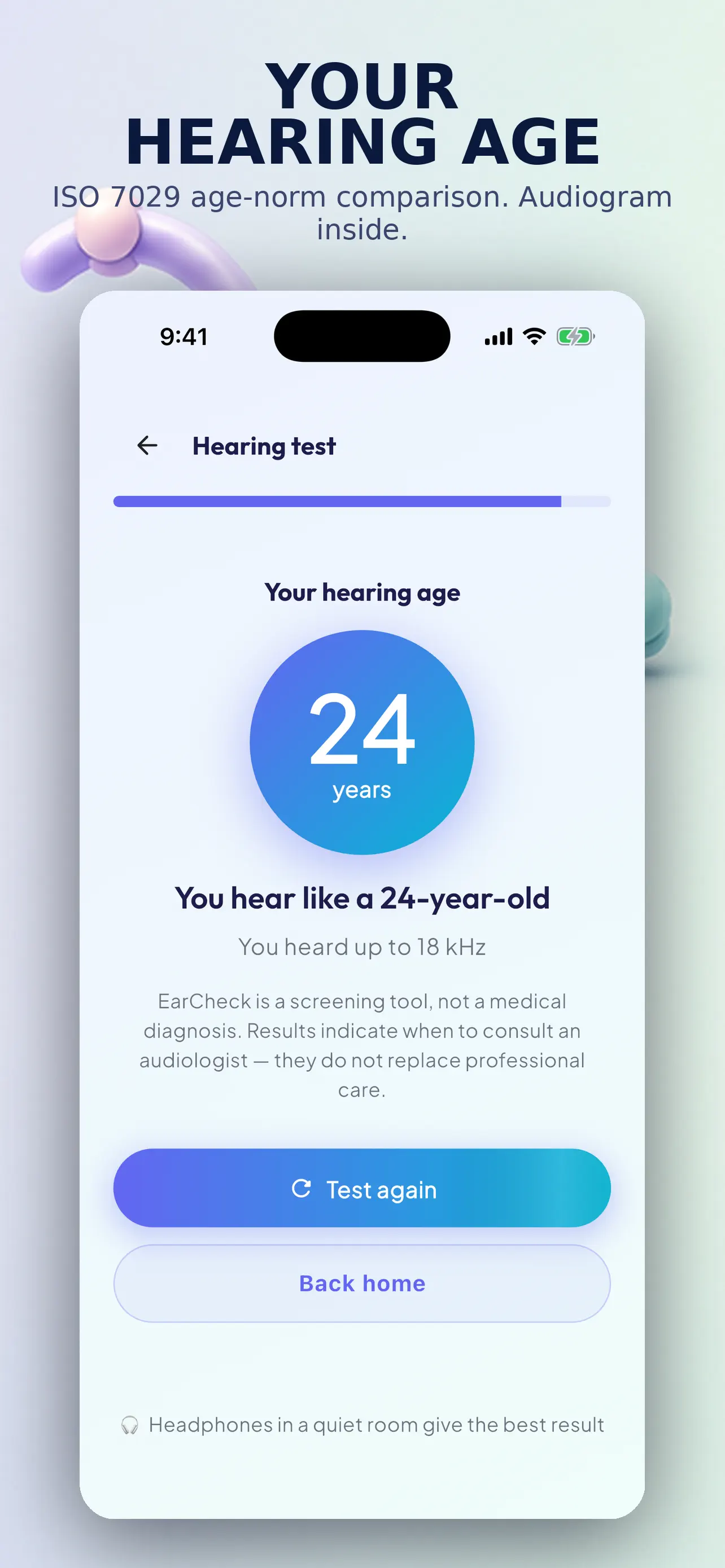 Hearing-age game result with the highest tone reached