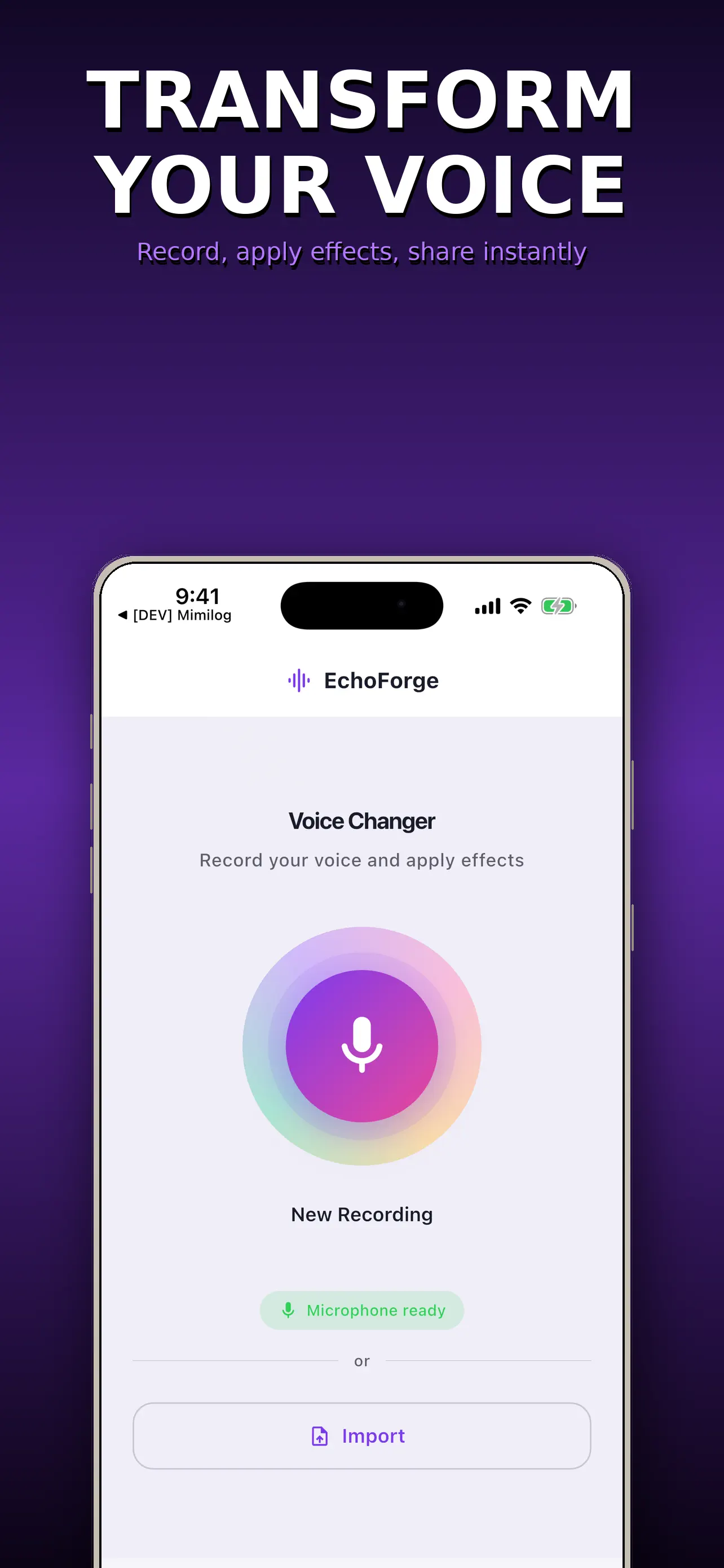 Voice recording screen with effect presets and adjustment controls
