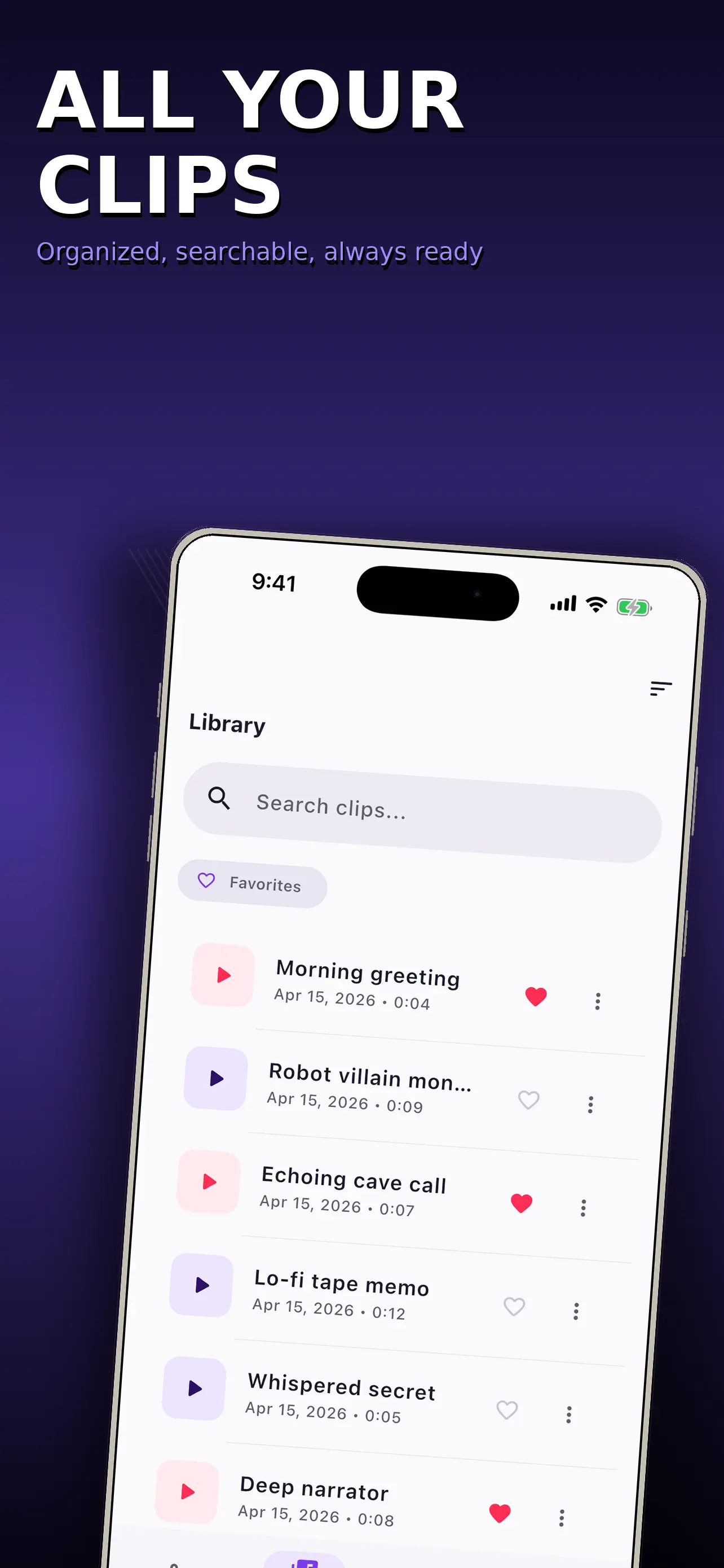 Library of saved voice clips ready to play or share