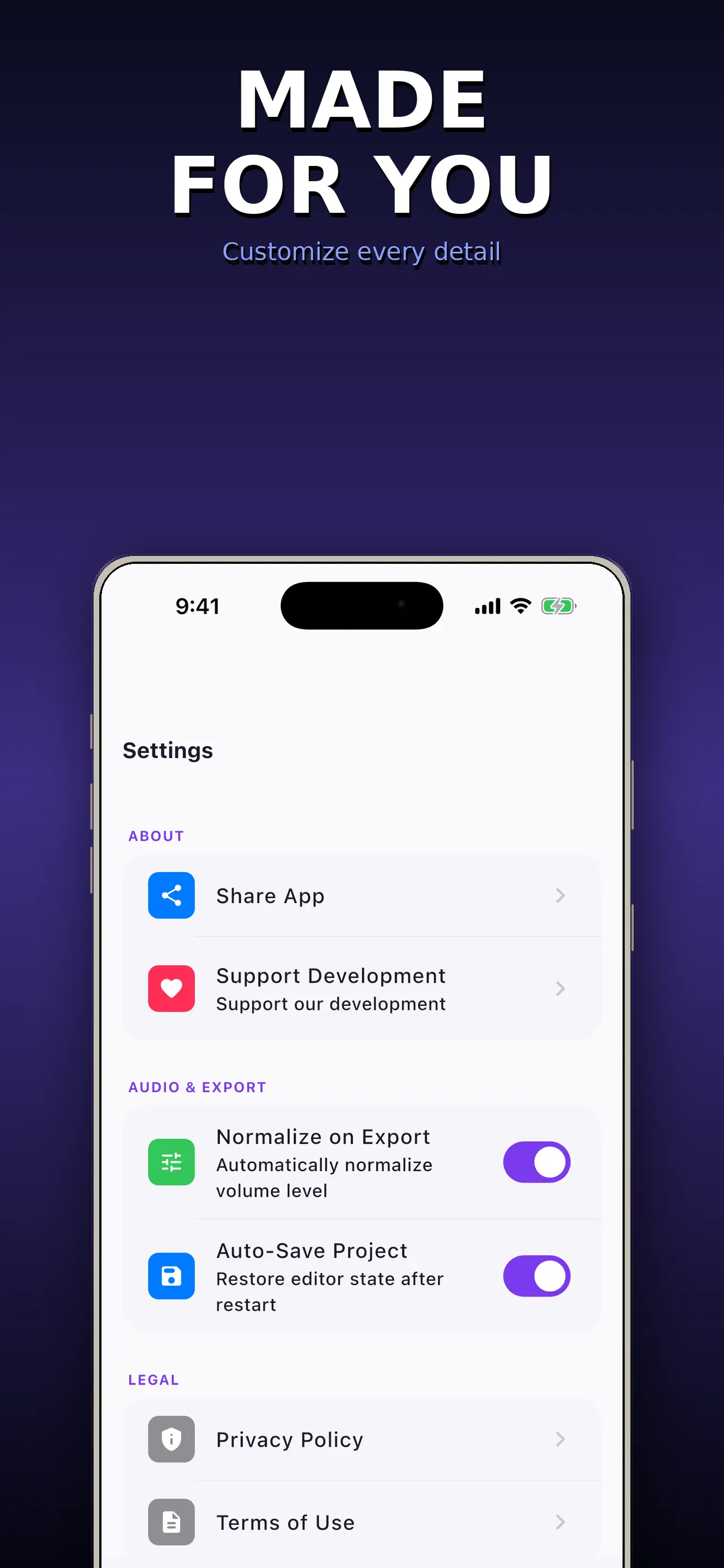 Settings for recording, playback and voice effect preferences