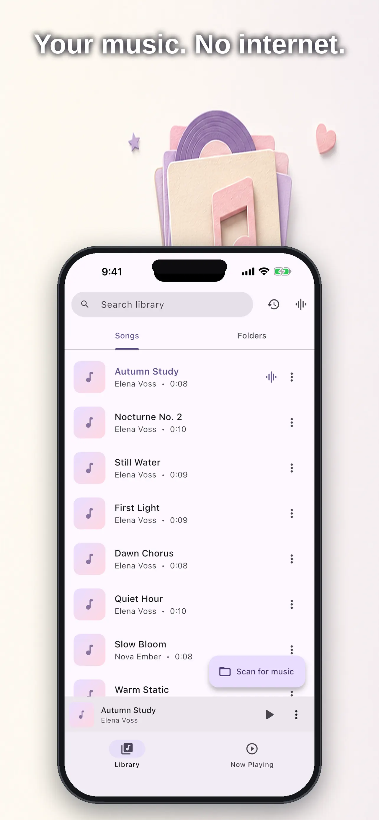 Music library organized by local albums, artists and genres