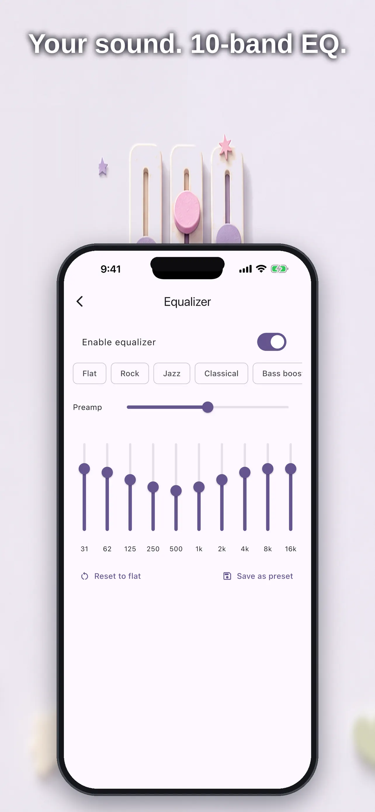 Ten-band equalizer with sound presets and bass controls