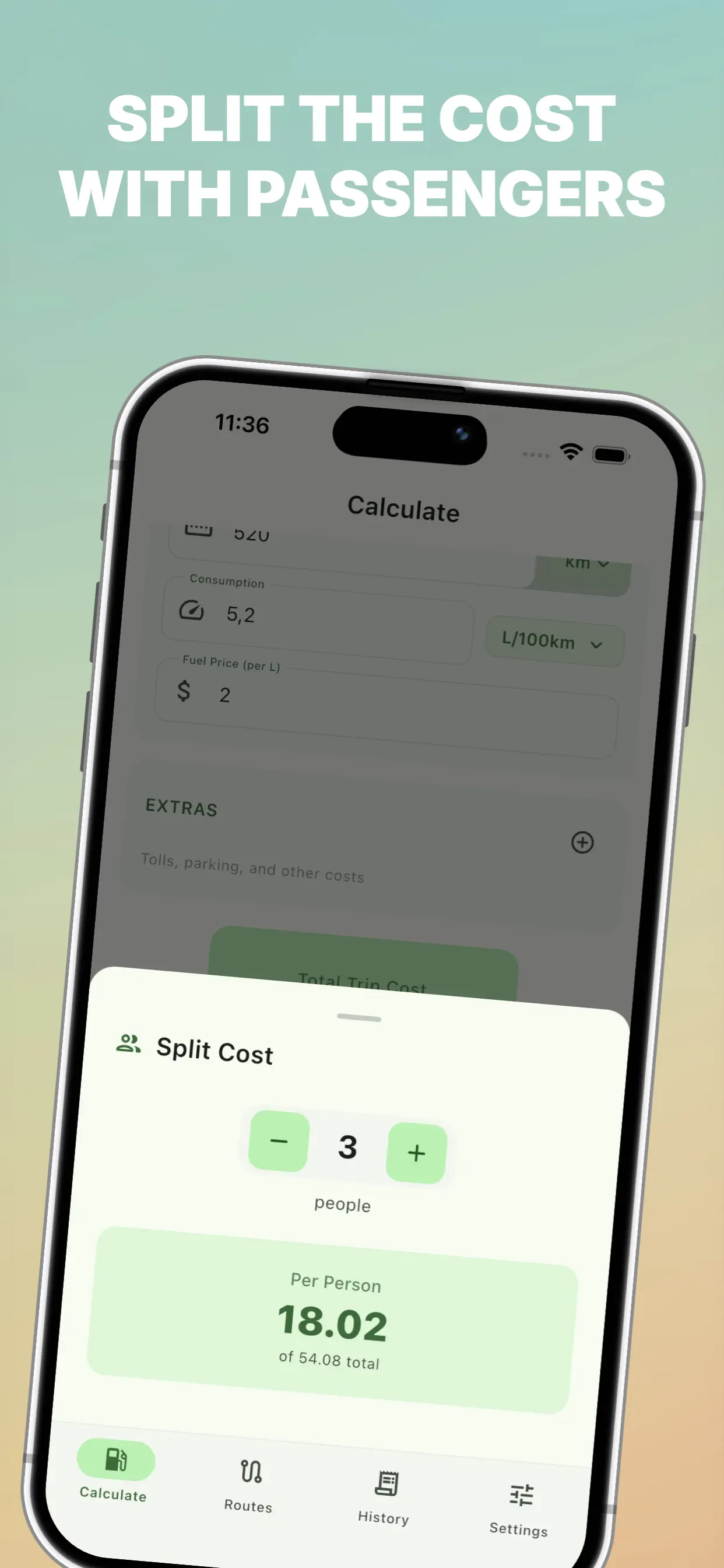 Trip cost calculation with distance, fuel consumption and fuel price