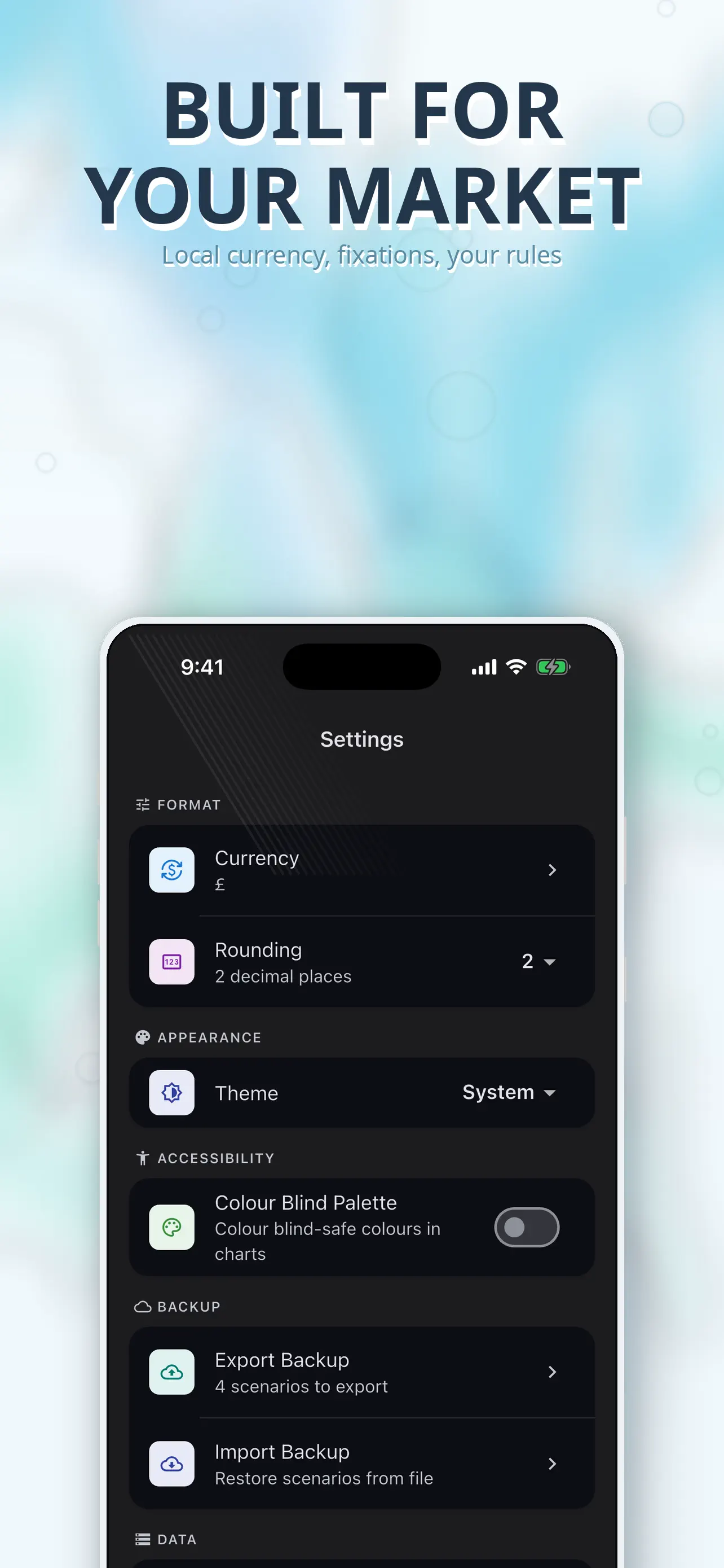 Settings for currencies, payment frequency and calculation preferences
