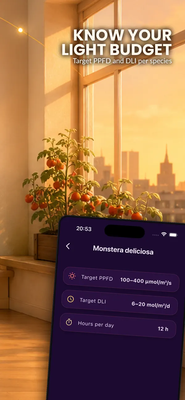 Light target screen for setting a plant’s daily goal