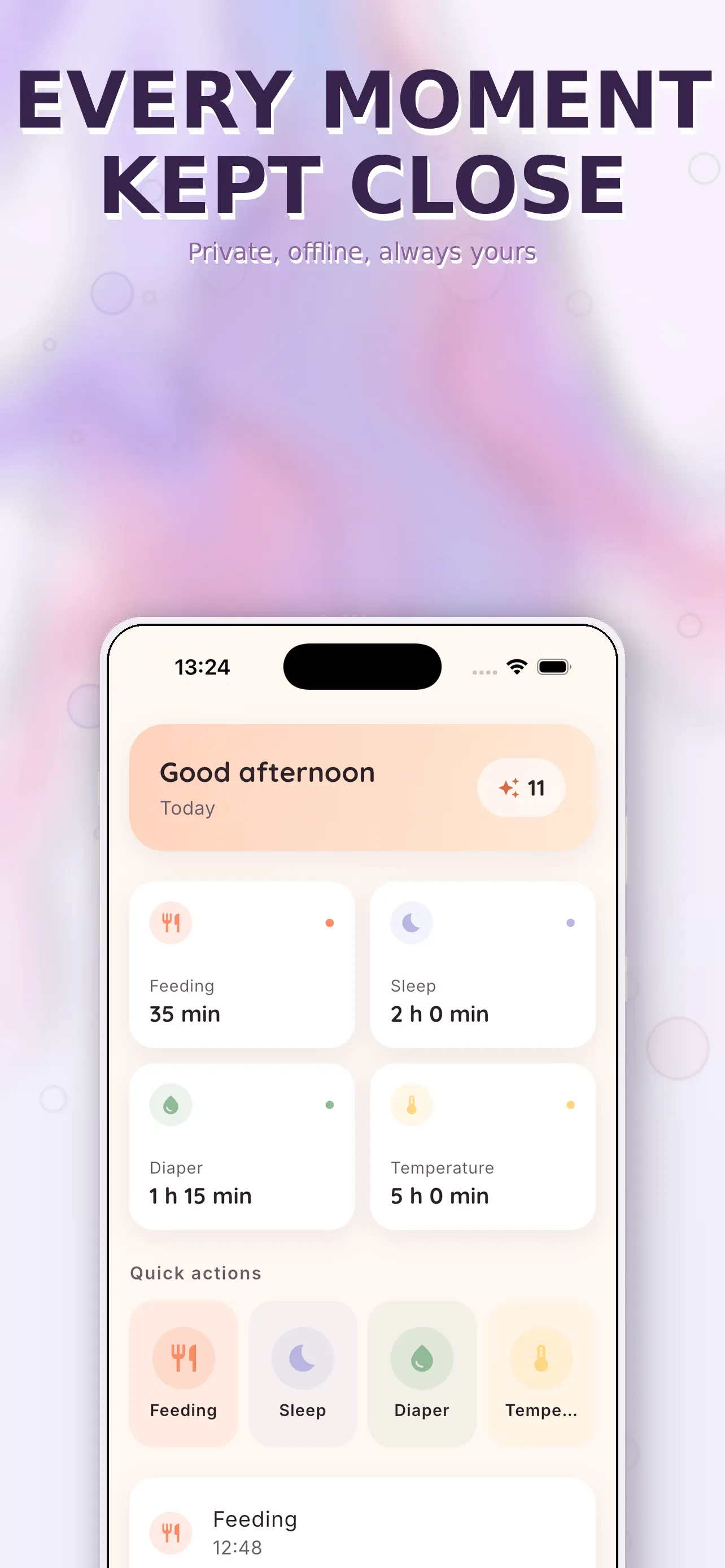 Baby care dashboard with the day’s feeding, sleep and diaper summary