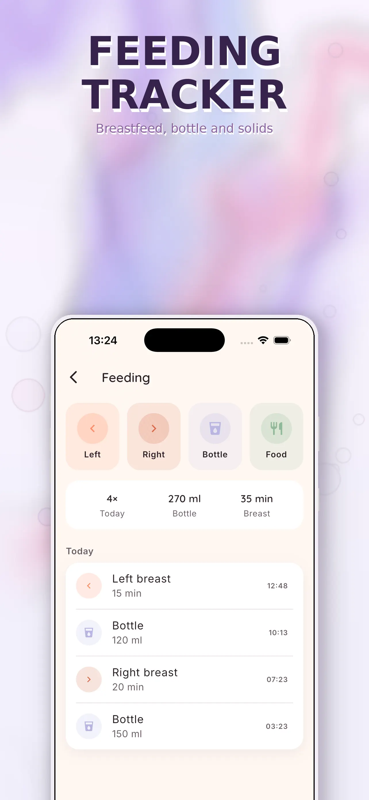 Feeding log with recorded meals and feeding times