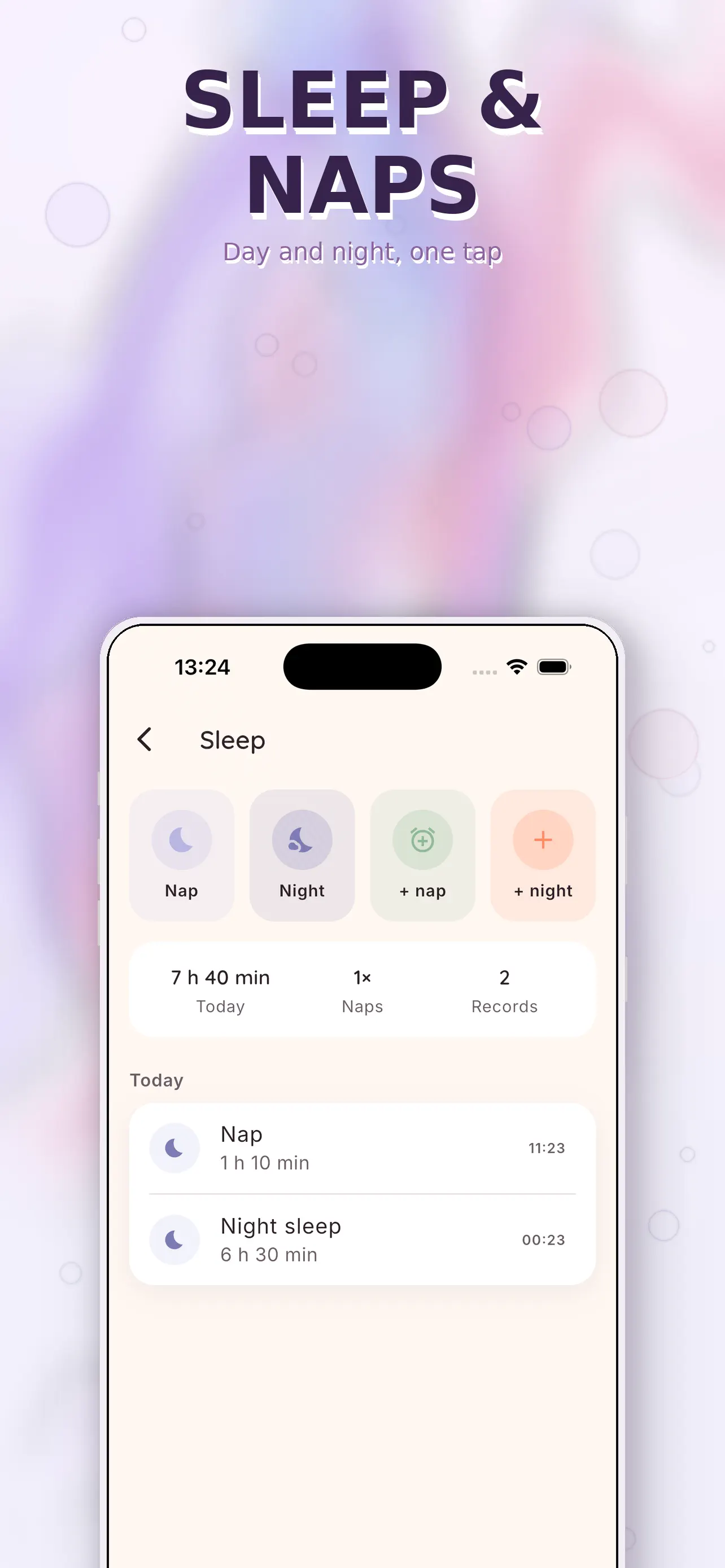 Sleep log showing recorded naps and overnight sleep