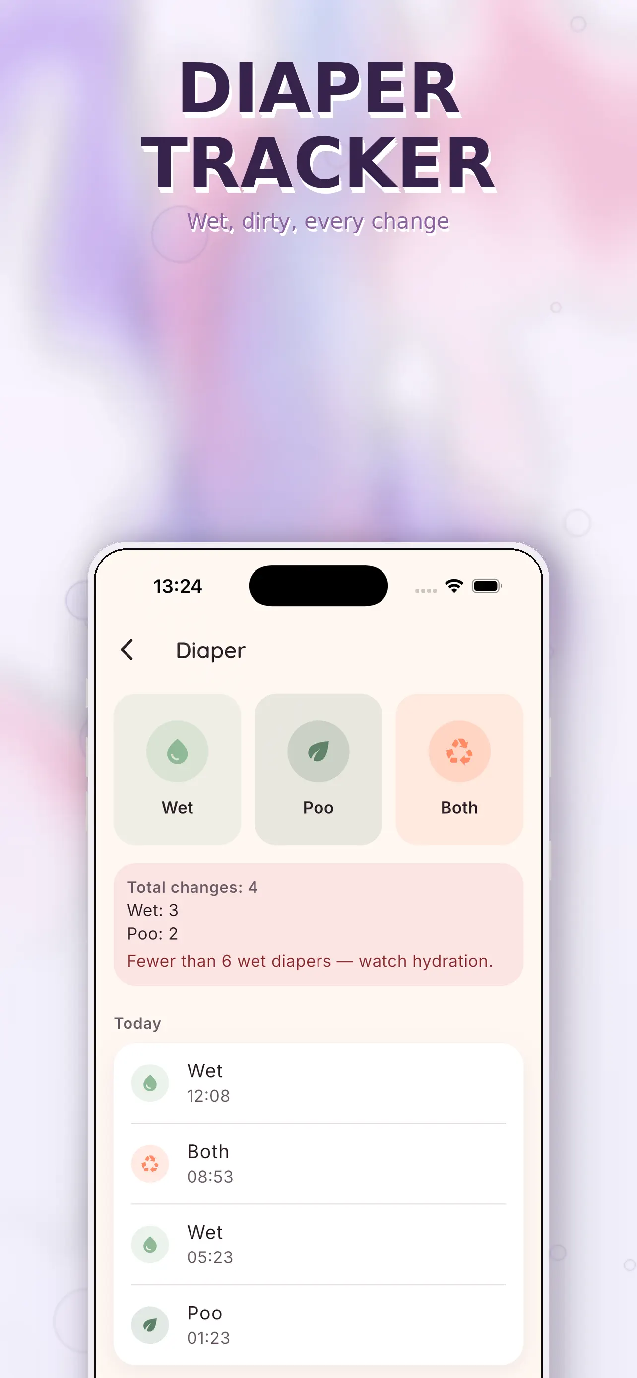 Diaper log for recording changes and their details