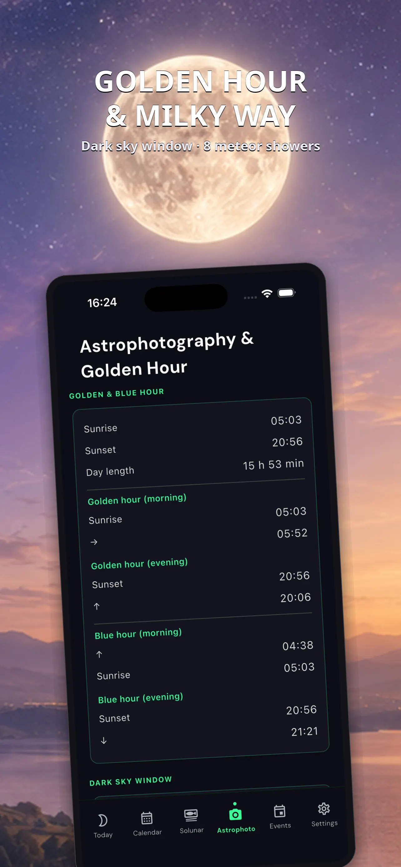 Astrophotography planner with dark-sky and golden-hour times