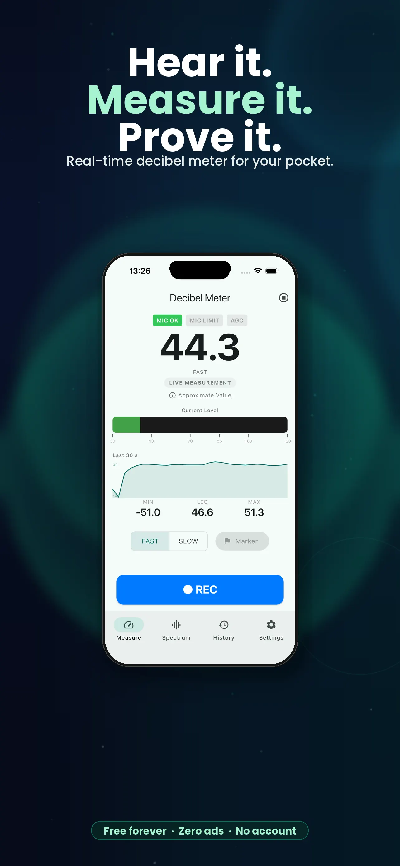 Sound level meter showing live noise readings and response mode