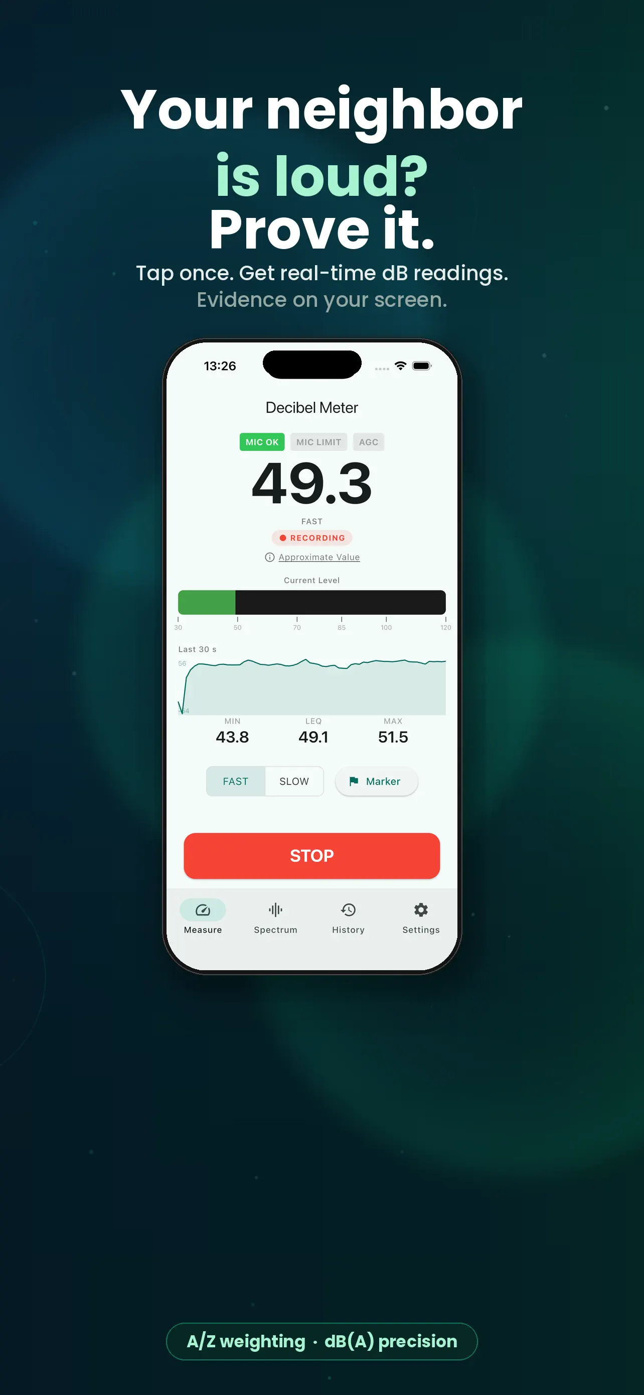 Live noise measurement with minimum, equivalent and maximum levels