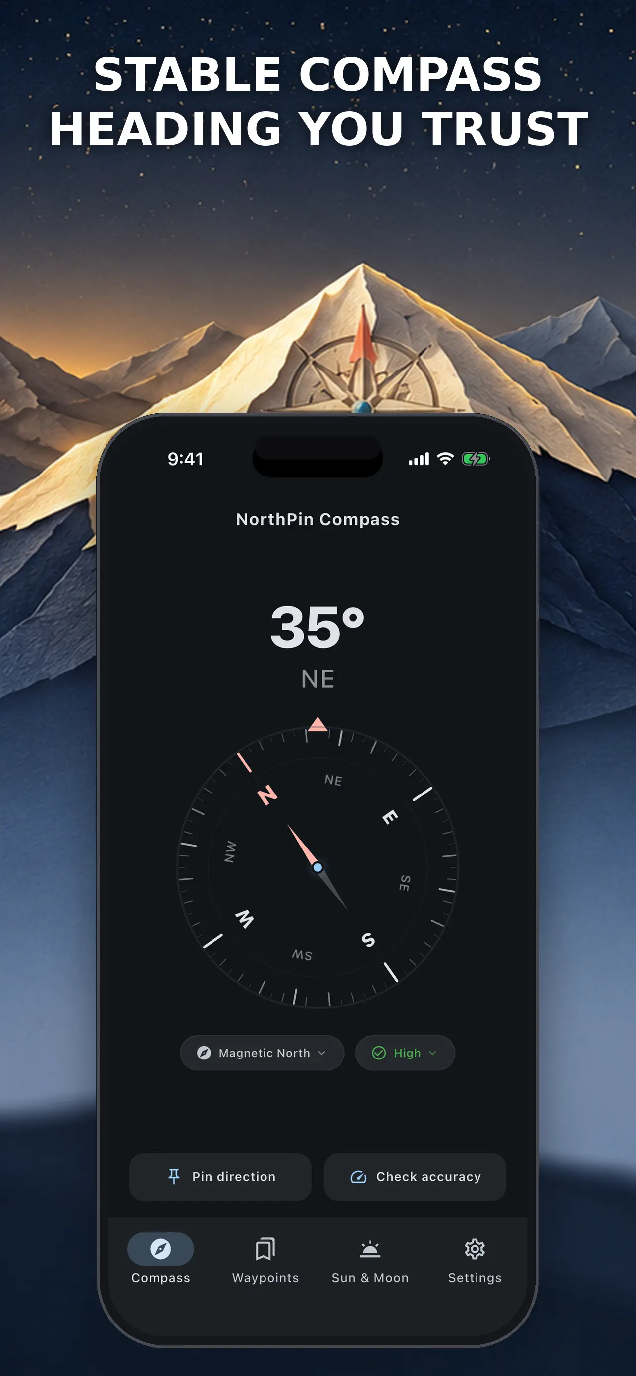 Compass dashboard in dark mode with heading and stability reading