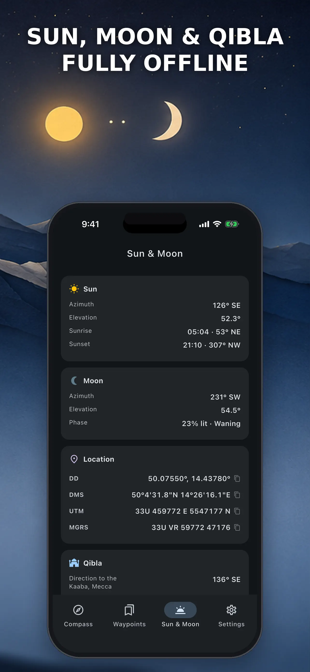 Sun, moon and Qibla direction tools with azimuth information