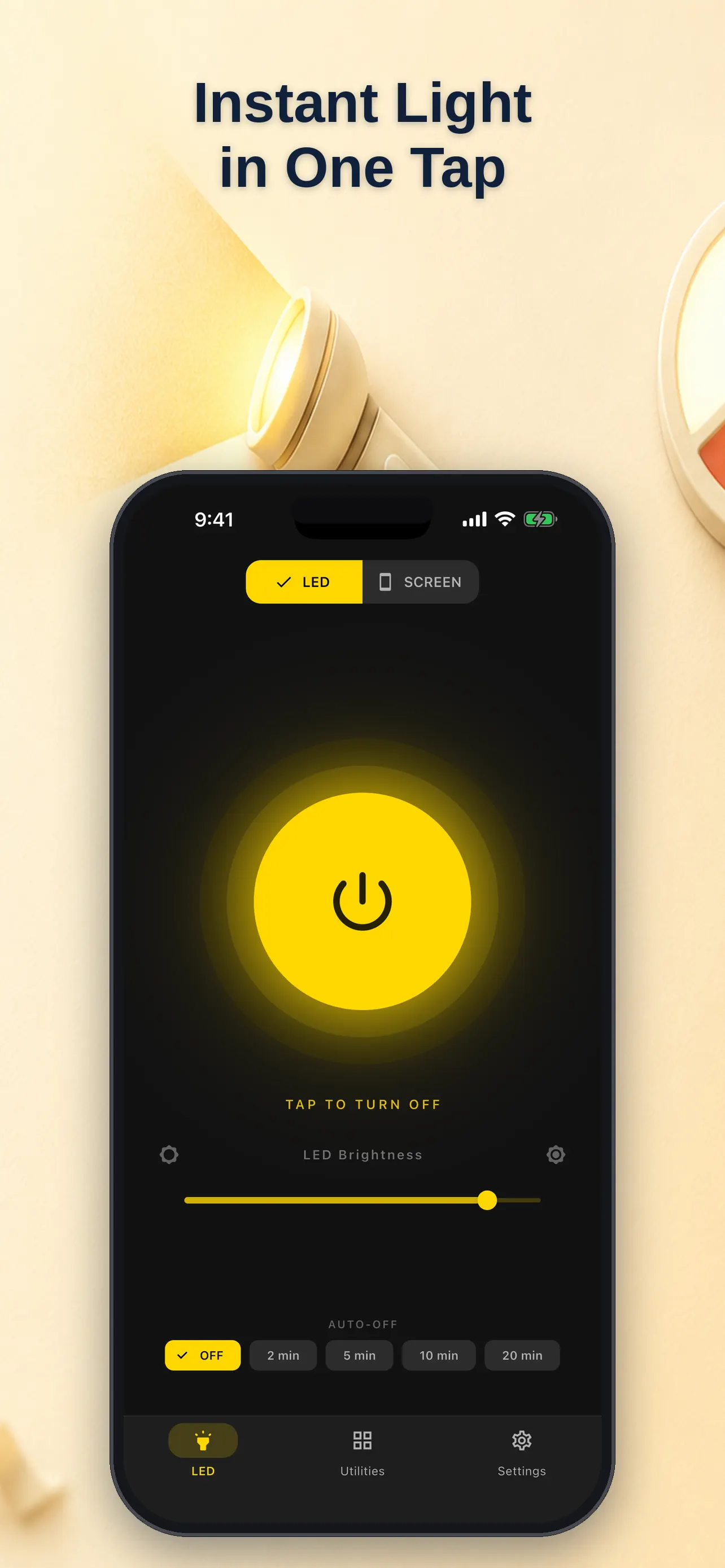 Flashlight controls with adjustable LED torch brightness
