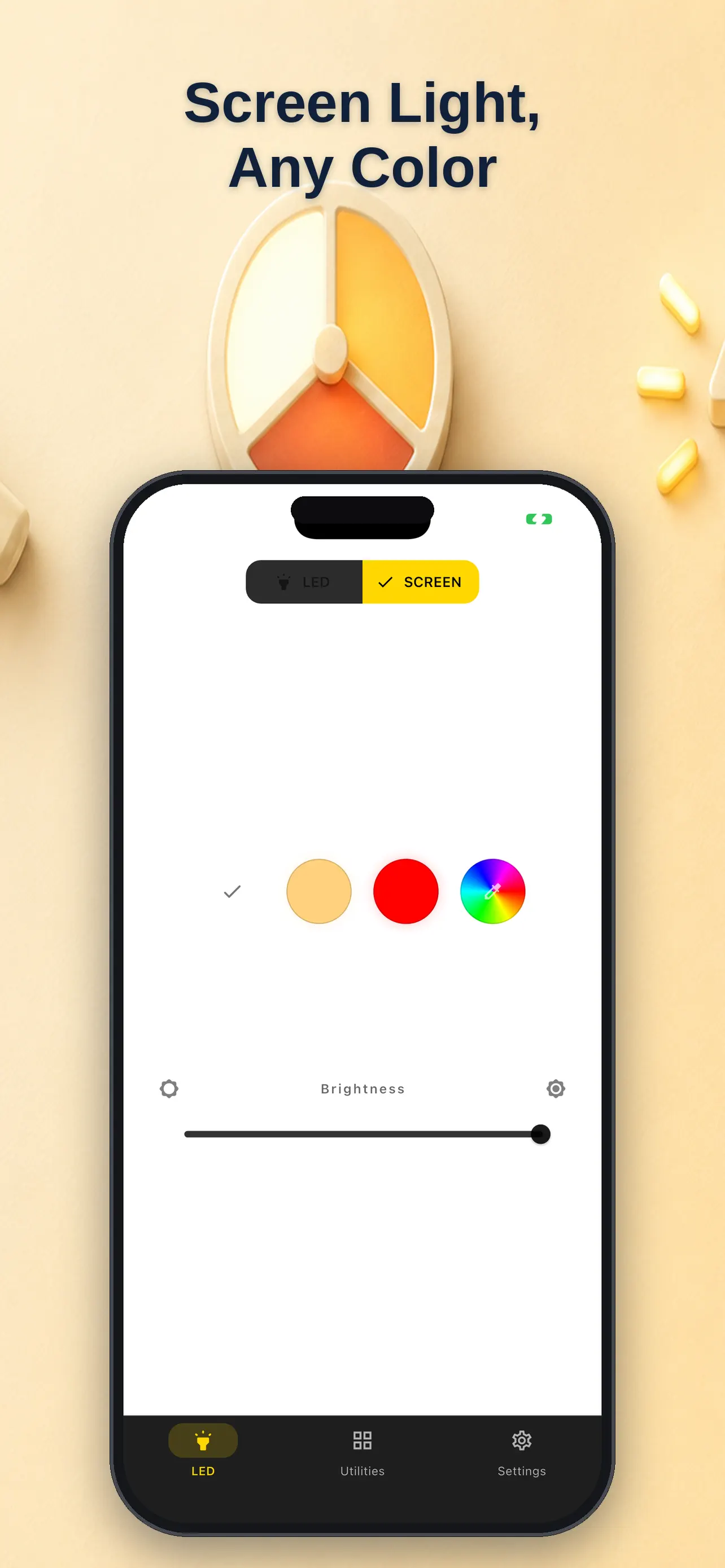 Screen light controls for white, warm, red and coloured light