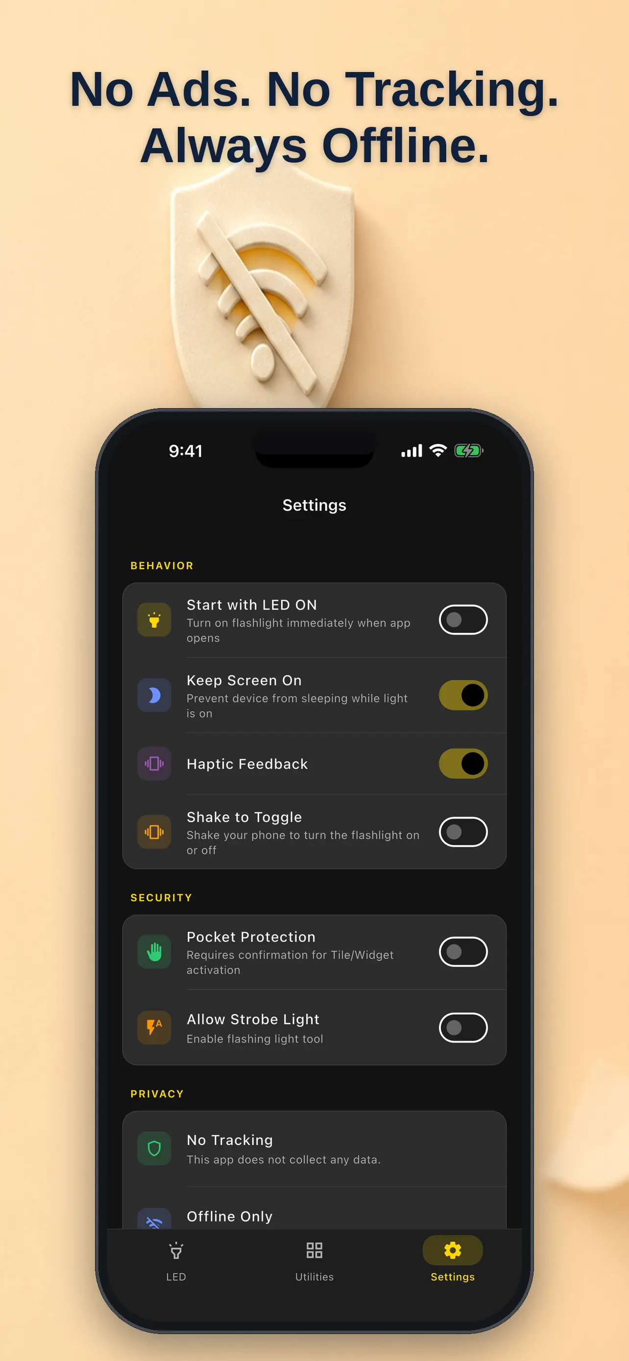 Settings for light behaviour, accessibility and pocket protection