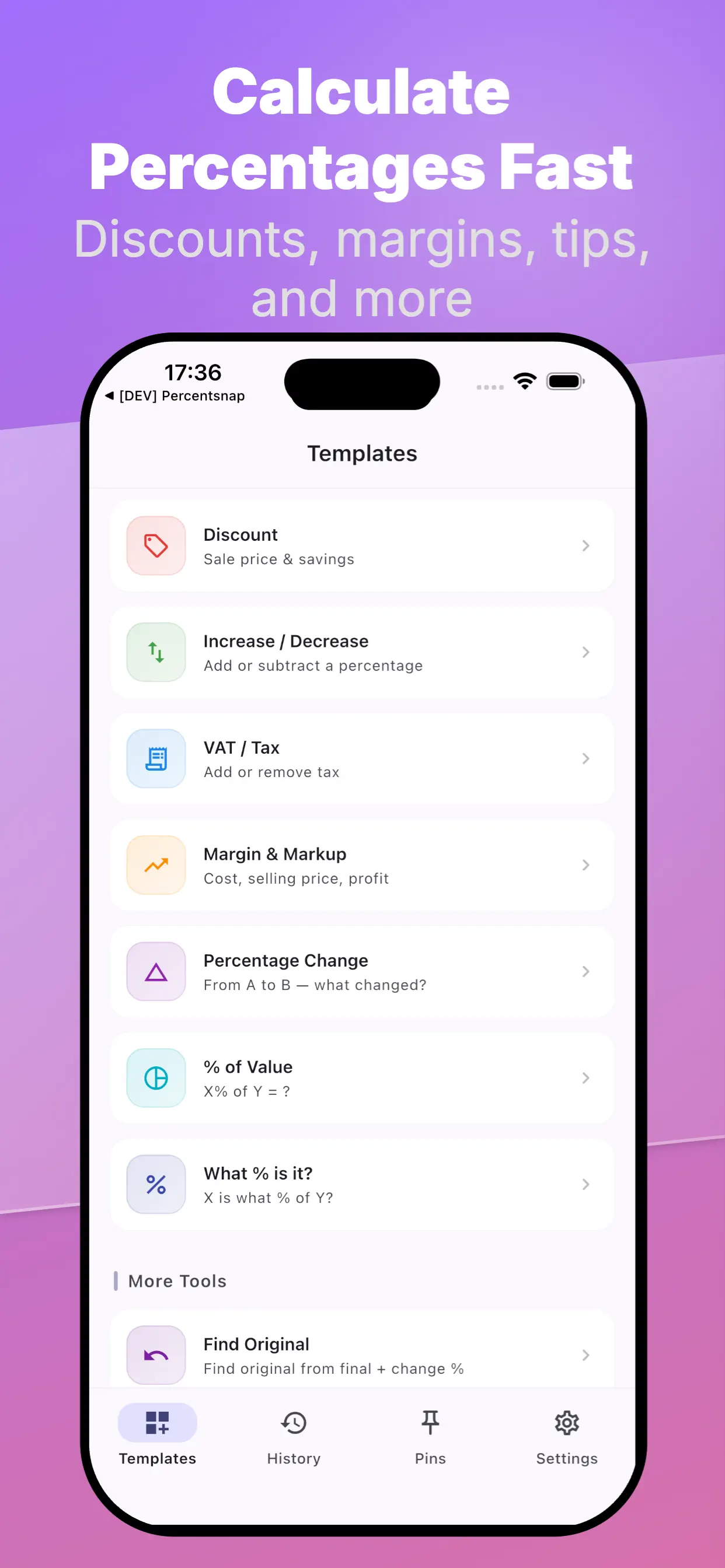 Percentage tools menu for everyday calculations