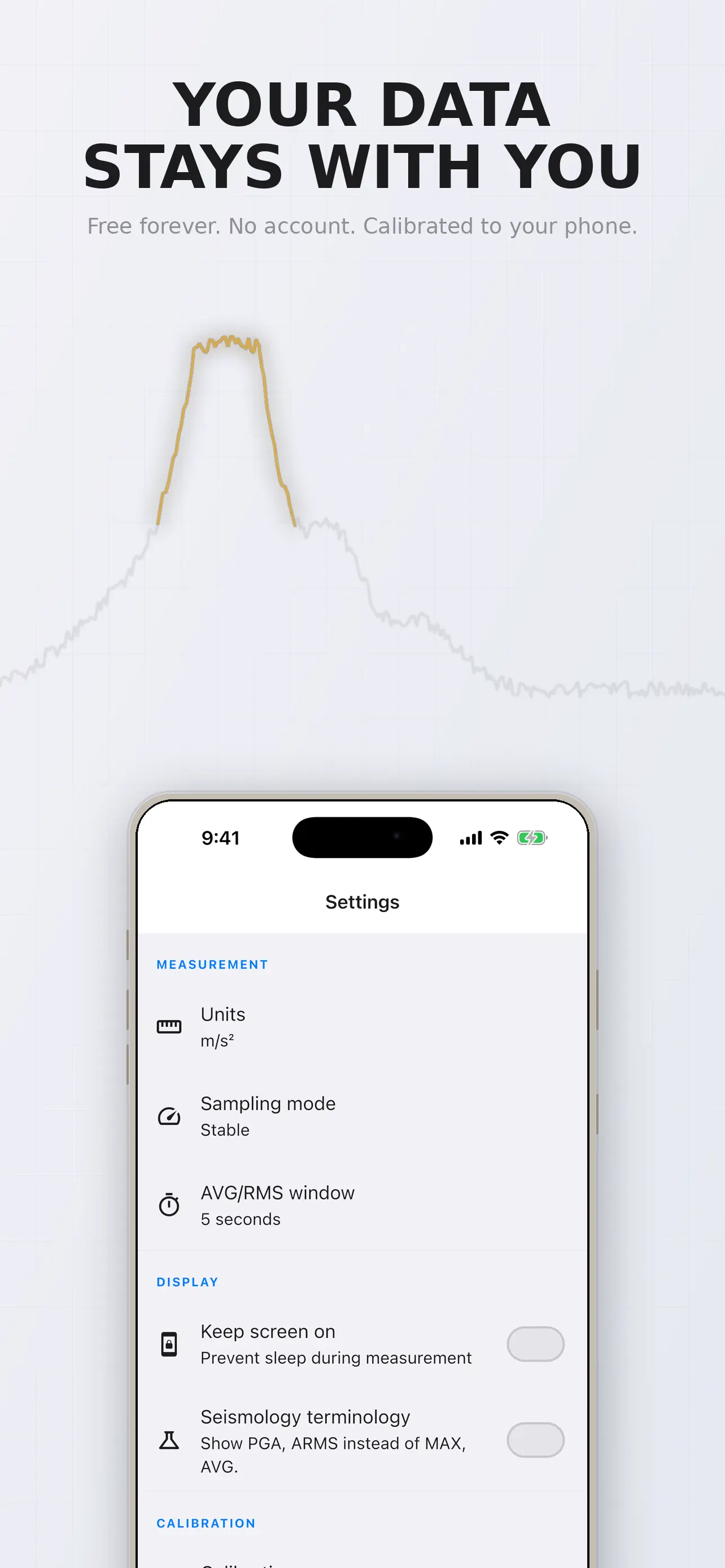 Settings for measurement mode, calibration and export format