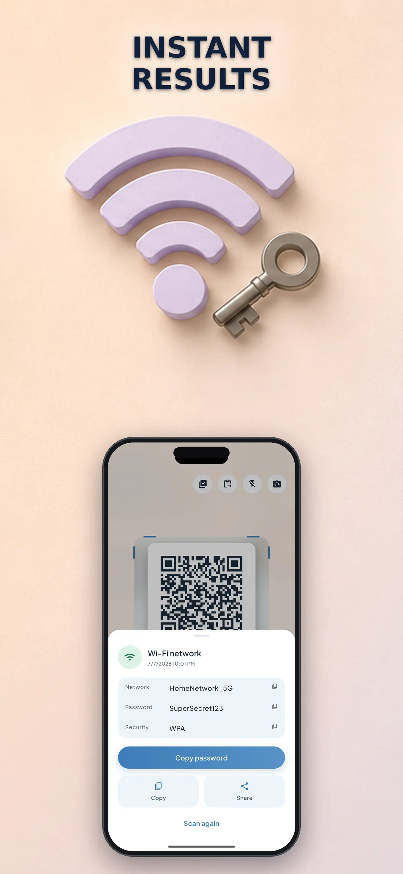 Scan result with recognized content and safe action options