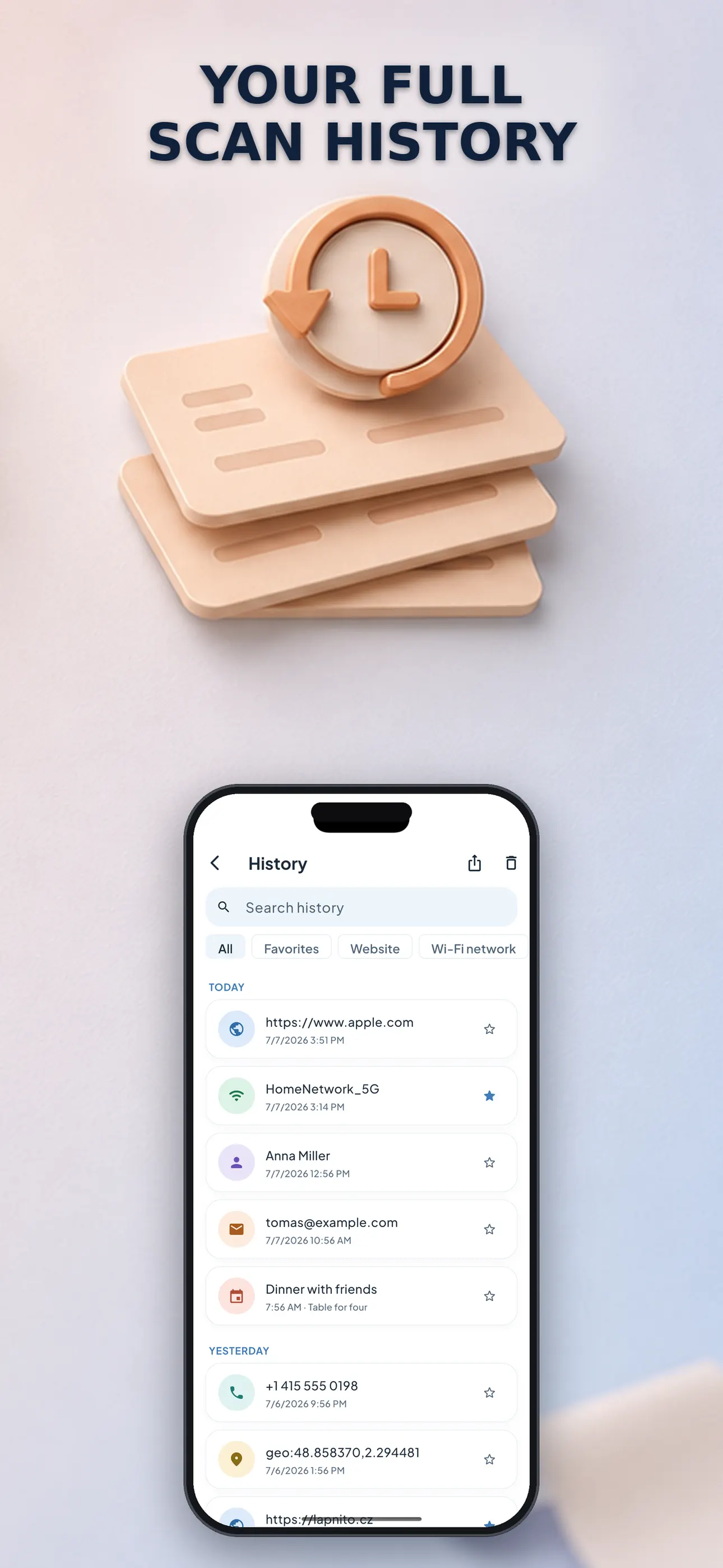 Scan history with saved results and search tools