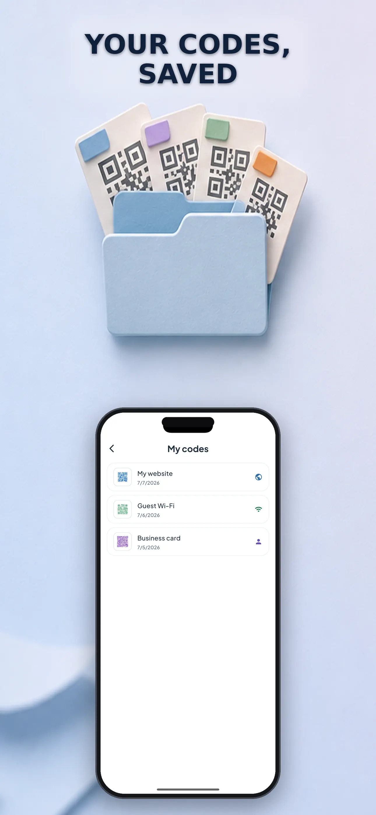 Saved QR codes with favorites, notes and export options