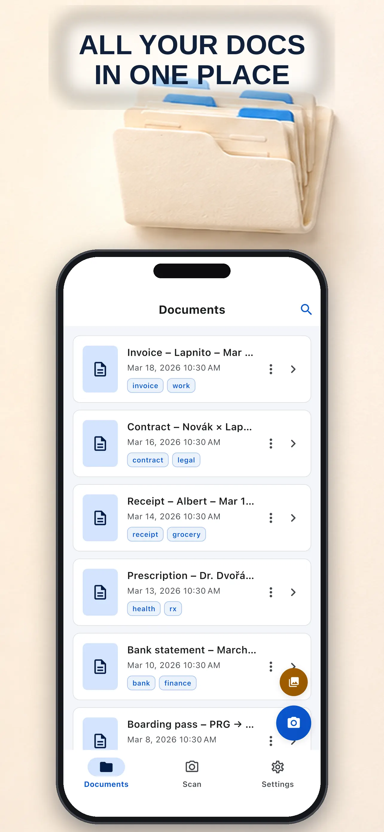 Local document library with saved scans and PDFs