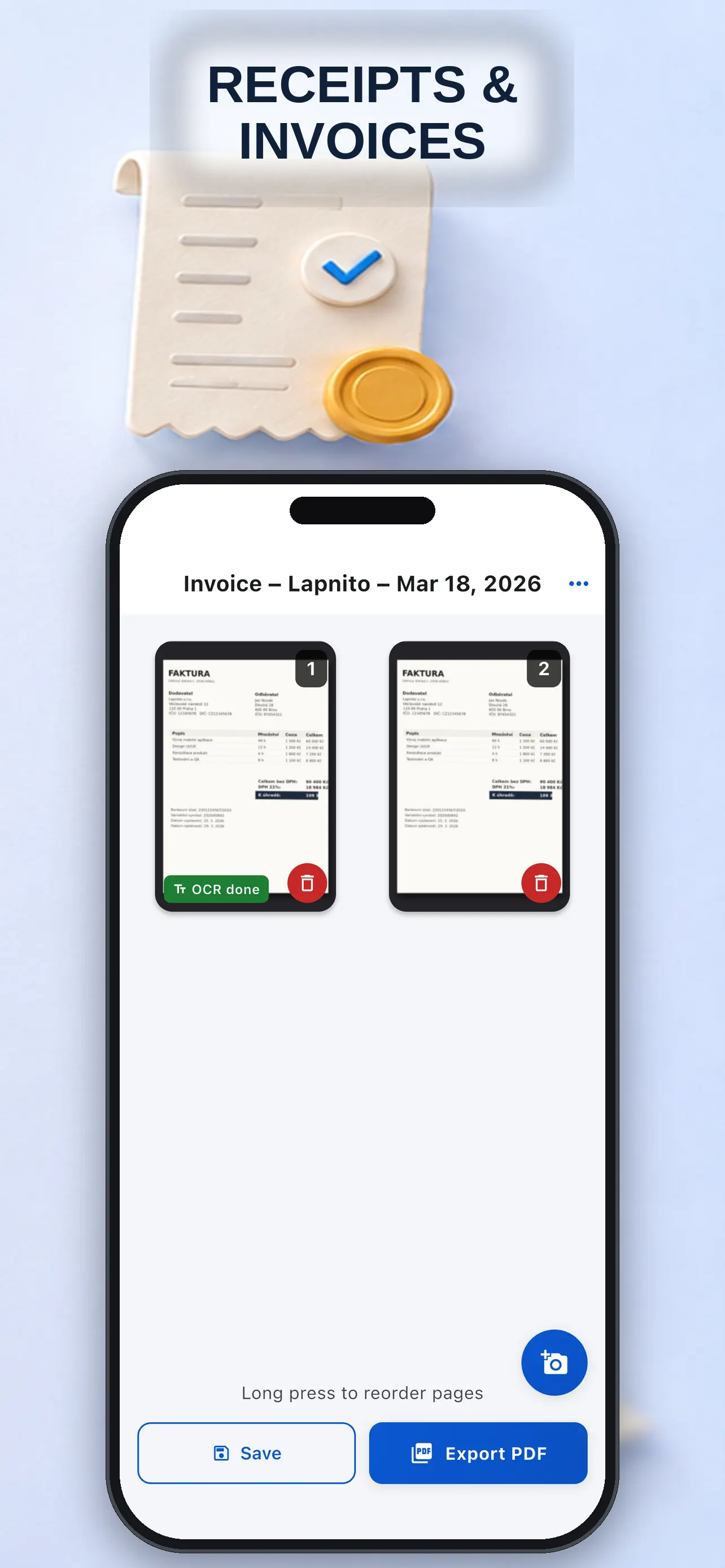 Scanned invoice ready for review and PDF export
