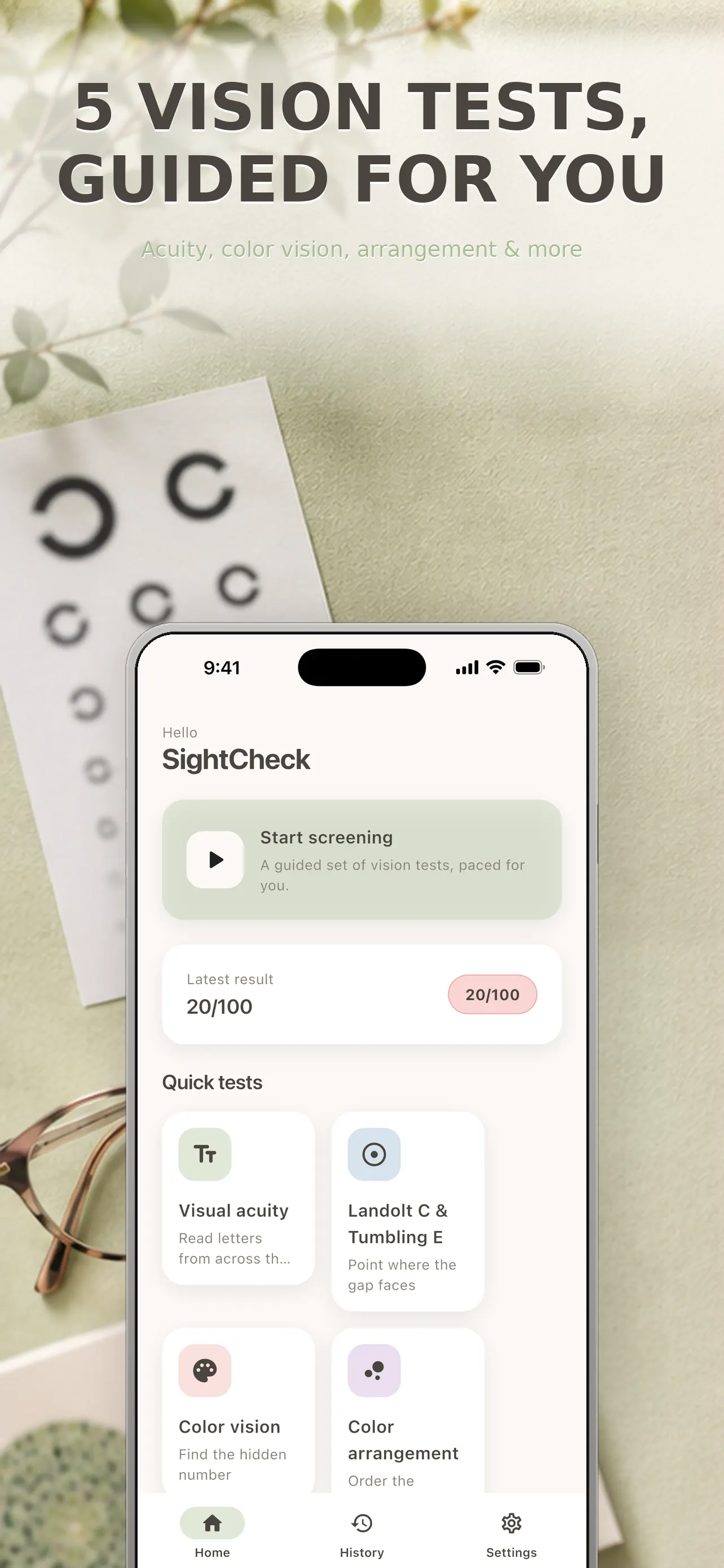 Eye-chart game screen with rows of progressively smaller letters