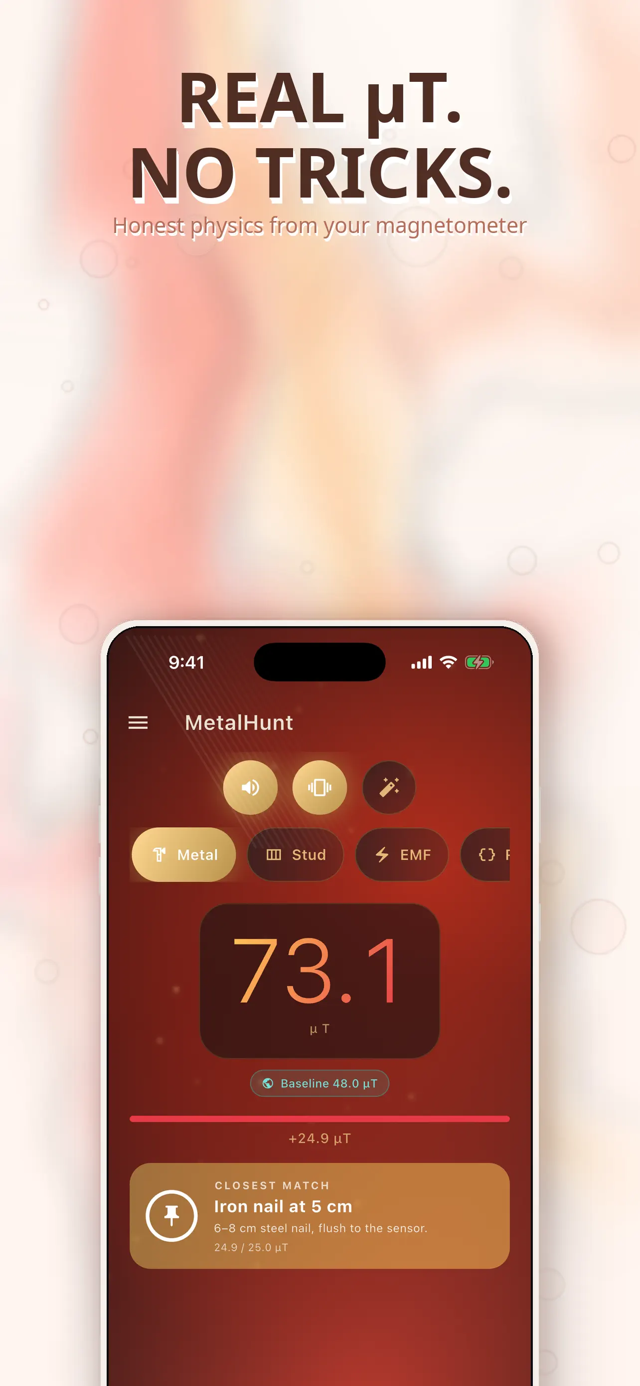 Wall scan dashboard with live magnetic field strength