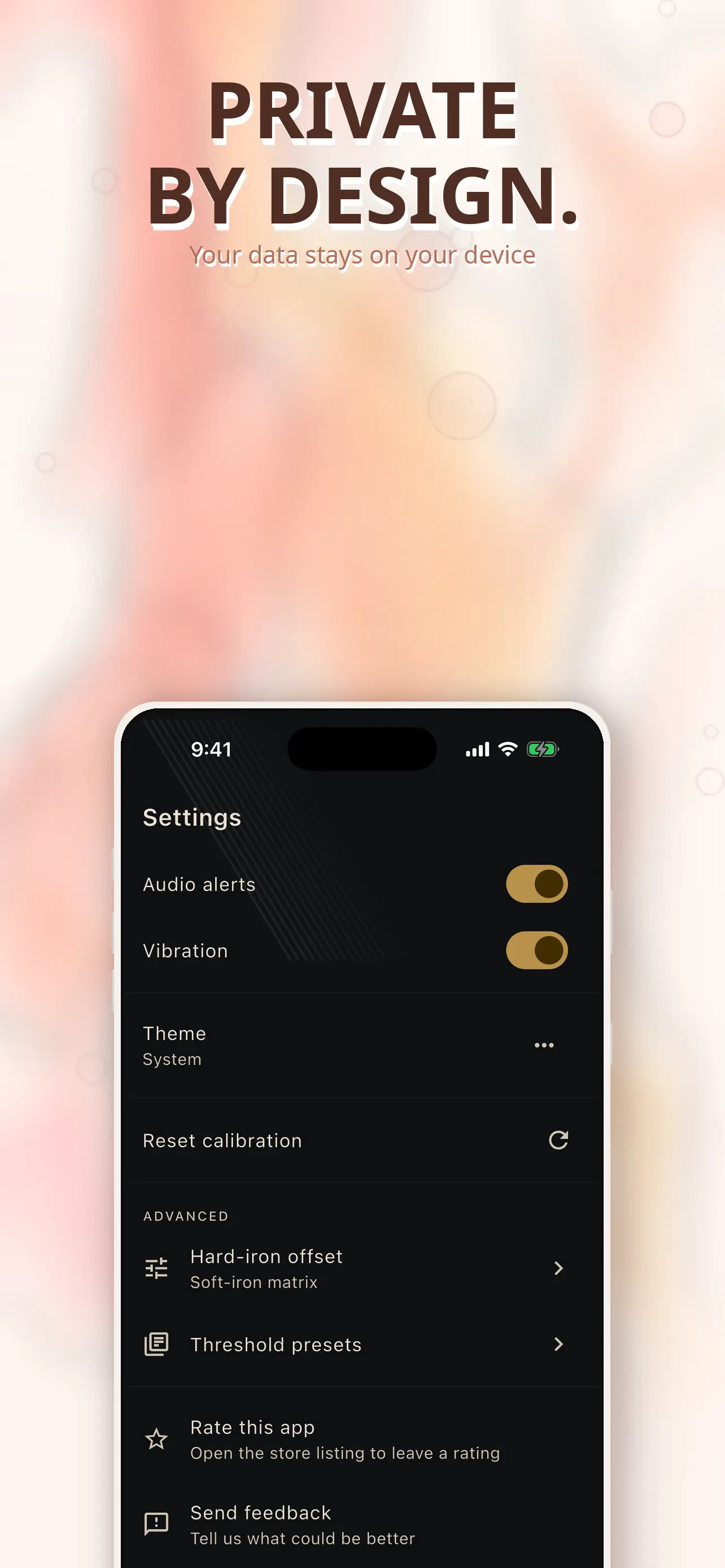 Settings for detection mode, sensitivity and calibration